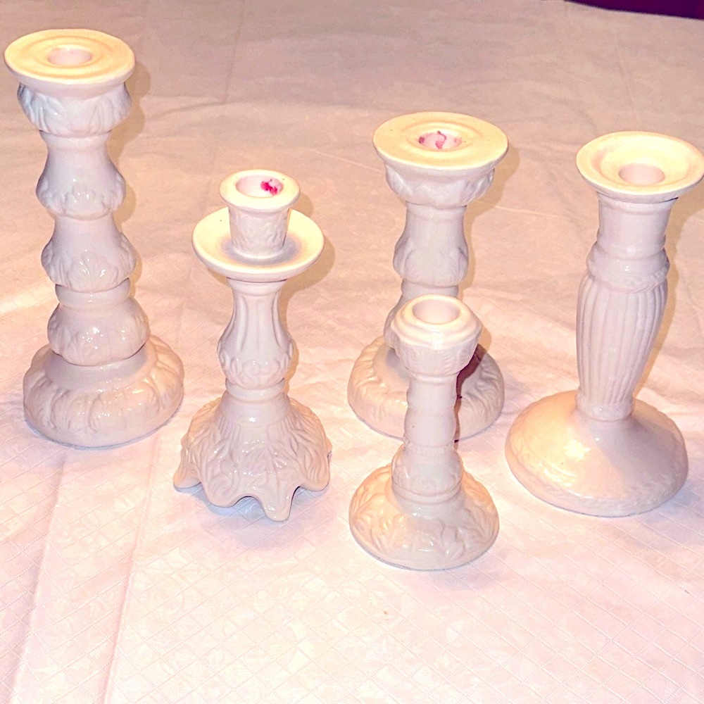 Set of 5 Individually shaped White ceramic Candlestick Holders for centerpieces